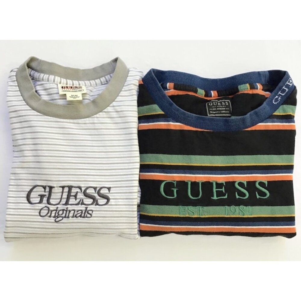 2 Guess Originals T Shirts Mens M White Gray Black Striped Retro Embroidered S/S